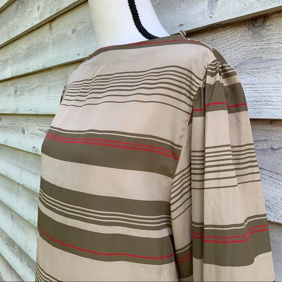Vintage 80s Tan Striped Boat Neck Collarless Long Sleeve Popover Semi Sheer Top - Picture 5 of 16